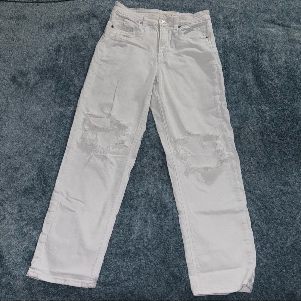 American Eagle Outfitters White High-Rise Distressed Jeans